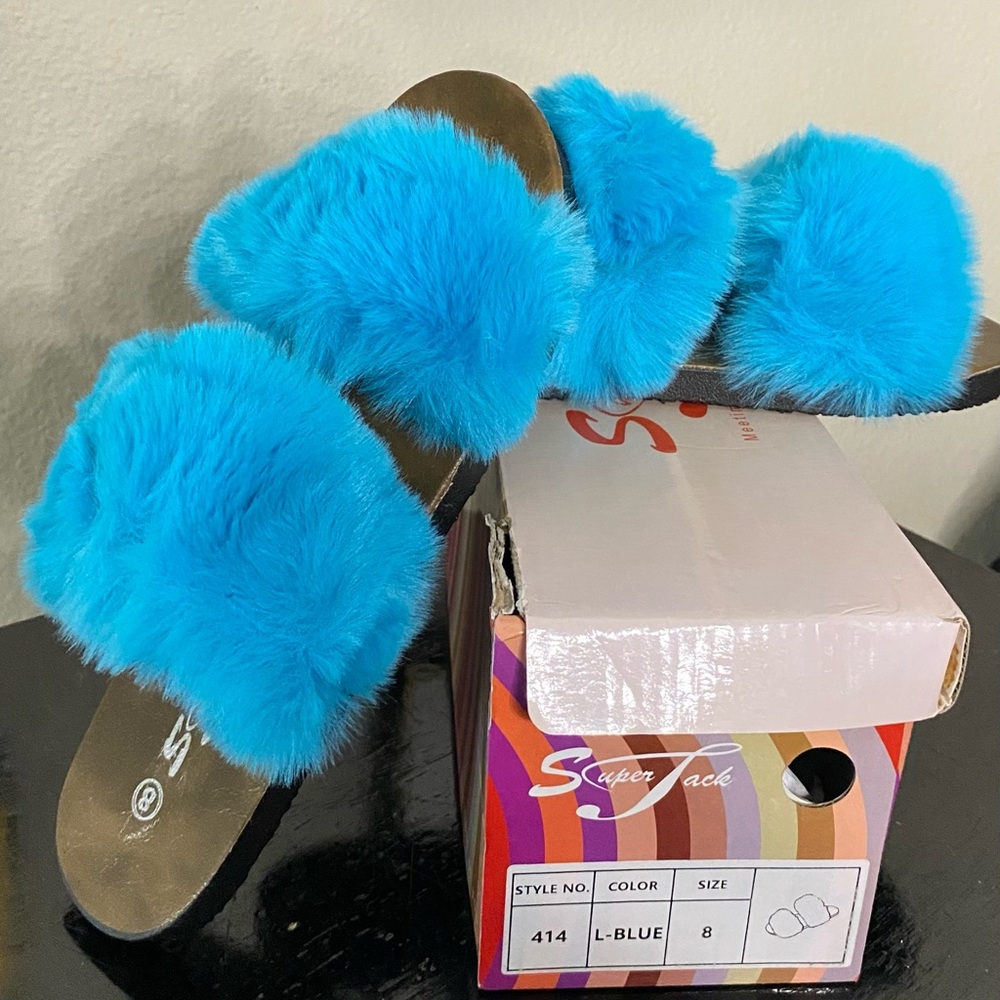 Turquoise Fur Slides